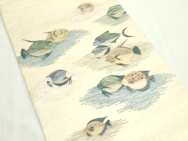 平和屋着物＊夏物　太鼓柄袋帯　すくい織　魚　正絹　逸品　CABK7071rv