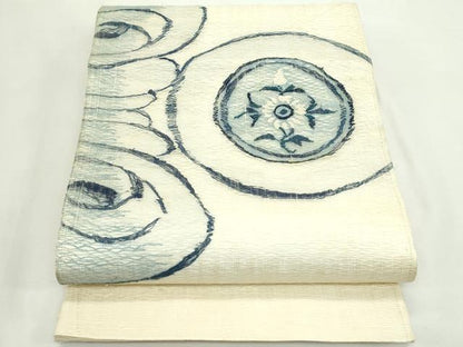 平和屋着物＊夏物　太鼓柄袋帯　すくい織　藍　花絵皿文　銀糸　正絹　逸品　CABK7072rv