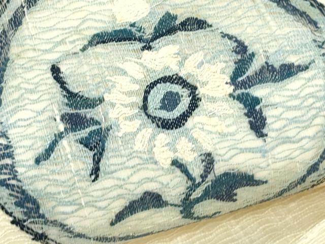 平和屋着物＊夏物　太鼓柄袋帯　すくい織　藍　花絵皿文　銀糸　正絹　逸品　CABK7072rv