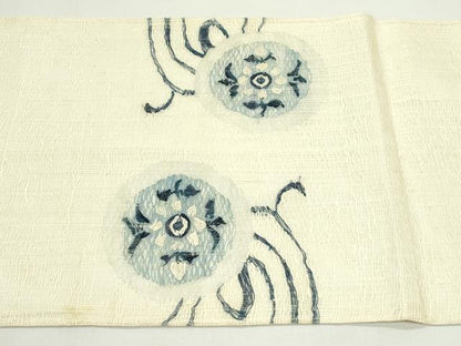 平和屋着物＊夏物　太鼓柄袋帯　すくい織　藍　花絵皿文　銀糸　正絹　逸品　CABK7072rv