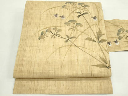 平和屋着物＊夏物　九寸名古屋帯　手描き　女郎花　蛍　麻　逸品　CABK7107rv
