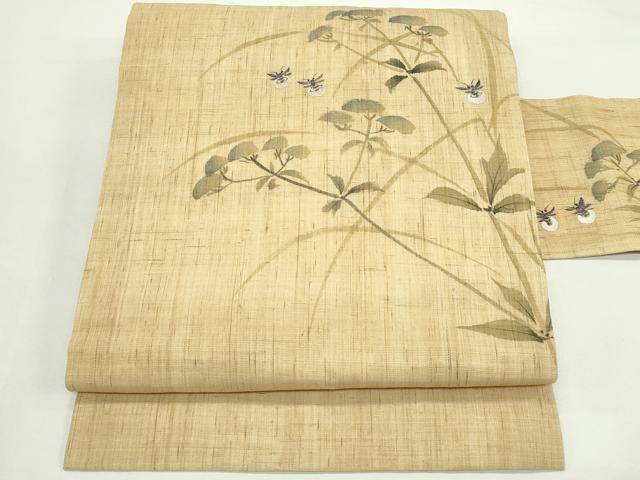 平和屋着物＊夏物　九寸名古屋帯　手描き　女郎花　蛍　麻　逸品　CABK7107rv