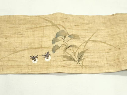 平和屋着物＊夏物　九寸名古屋帯　手描き　女郎花　蛍　麻　逸品　CABK7107rv