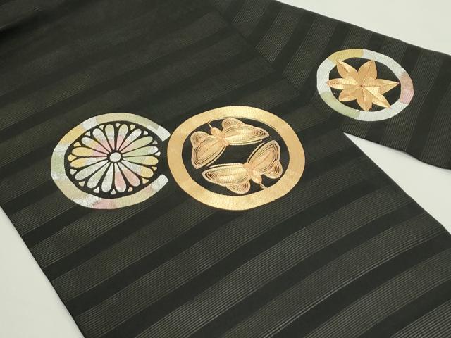 平和屋着物＊夏物　九寸名古屋帯　駒刺繍　花蝶丸文　黒地　金銀彩　正絹　逸品　CABK7109rv