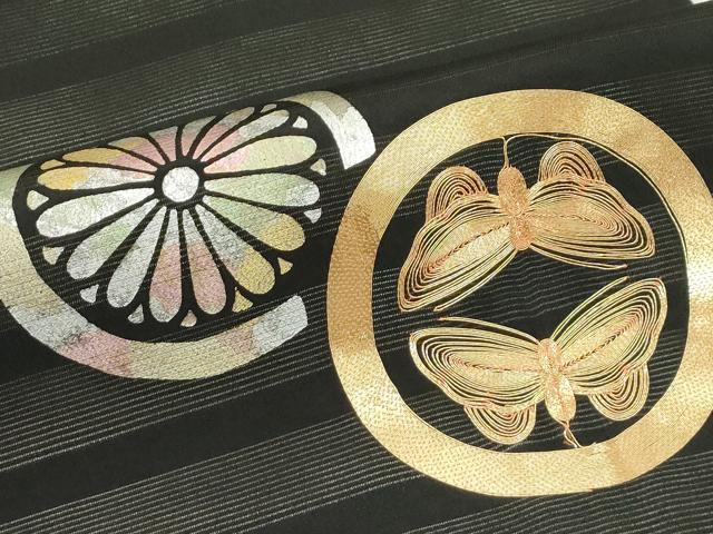 平和屋着物＊夏物　九寸名古屋帯　駒刺繍　花蝶丸文　黒地　金銀彩　正絹　逸品　CABK7109rv