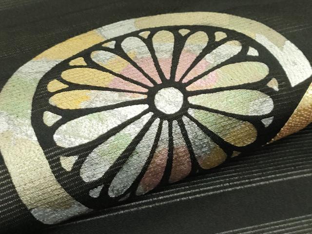 平和屋着物＊夏物　九寸名古屋帯　駒刺繍　花蝶丸文　黒地　金銀彩　正絹　逸品　CABK7109rv