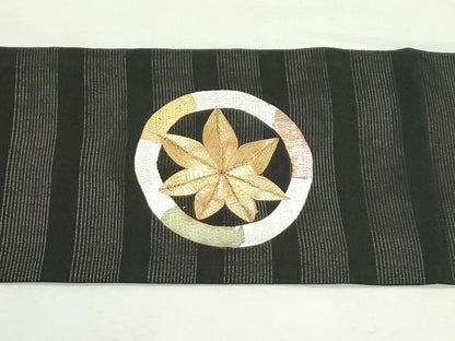 平和屋着物＊夏物　九寸名古屋帯　駒刺繍　花蝶丸文　黒地　金銀彩　正絹　逸品　CABK7109rv