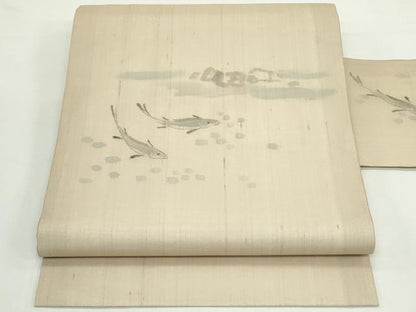 平和屋着物＊夏物　九寸名古屋帯　手描き　紬地　魚　正絹　逸品　CABK7110rv