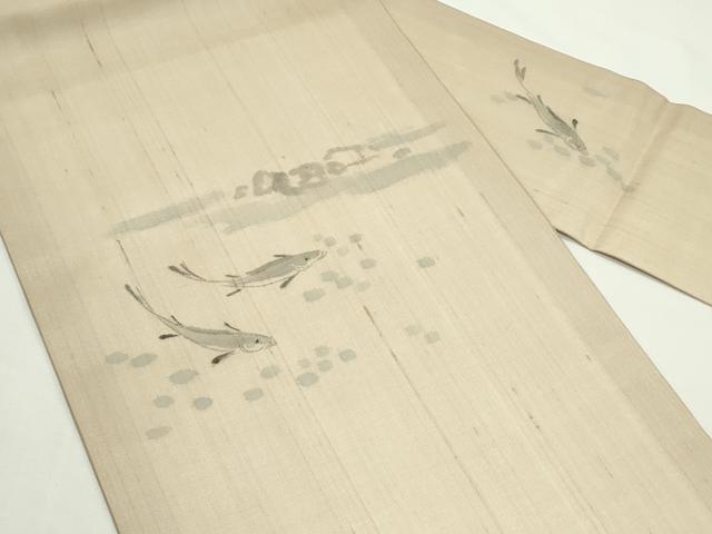 平和屋着物＊夏物　九寸名古屋帯　手描き　紬地　魚　正絹　逸品　CABK7110rv