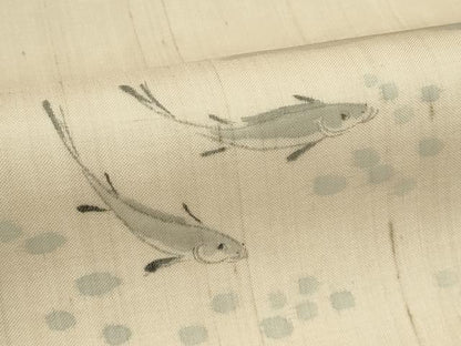平和屋着物＊夏物　九寸名古屋帯　手描き　紬地　魚　正絹　逸品　CABK7110rv