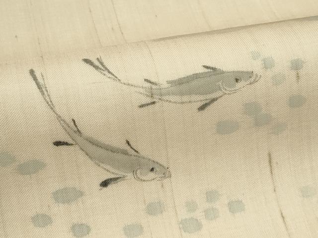平和屋着物＊夏物　九寸名古屋帯　手描き　紬地　魚　正絹　逸品　CABK7110rv