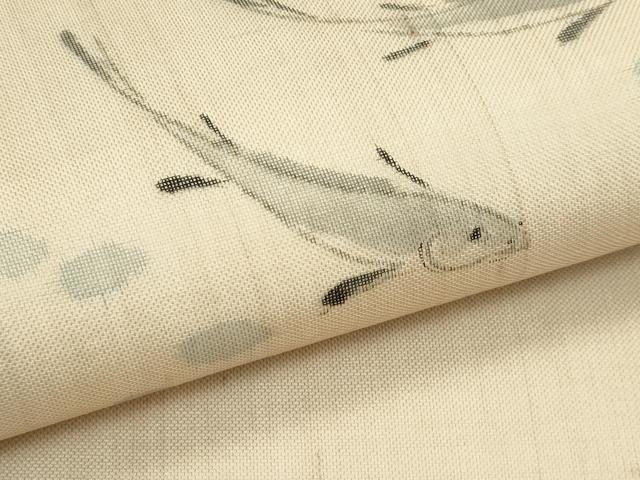 平和屋着物＊夏物　九寸名古屋帯　手描き　紬地　魚　正絹　逸品　CABK7110rv