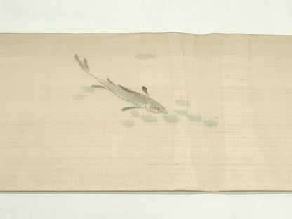 平和屋着物＊夏物　九寸名古屋帯　手描き　紬地　魚　正絹　逸品　CABK7110rv