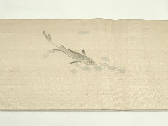 平和屋着物＊夏物　九寸名古屋帯　手描き　紬地　魚　正絹　逸品　CABK7110rv