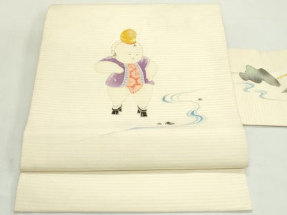 平和屋着物＊夏物　絽塩瀬　九寸名古屋帯　手描き　唐子　正絹　逸品　CABK7128rv