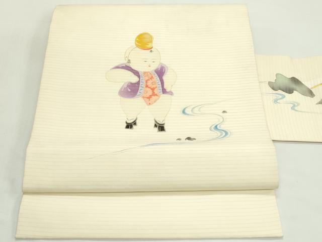 平和屋着物＊夏物　絽塩瀬　九寸名古屋帯　手描き　唐子　正絹　逸品　CABK7128rv