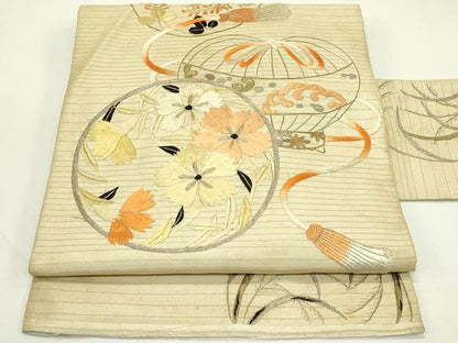平和屋着物＊夏物　アンティーク　大正ロマン　九寸名古屋帯　総手刺繍　草花丸文　金銀糸　正絹　逸品　CABK7192rv