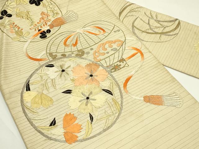 平和屋着物＊夏物　アンティーク　大正ロマン　九寸名古屋帯　総手刺繍　草花丸文　金銀糸　正絹　逸品　CABK7192rv