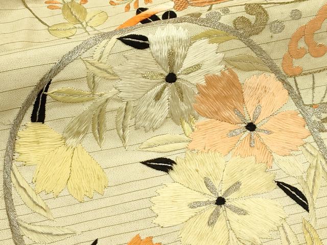 平和屋着物＊夏物　アンティーク　大正ロマン　九寸名古屋帯　総手刺繍　草花丸文　金銀糸　正絹　逸品　CABK7192rv