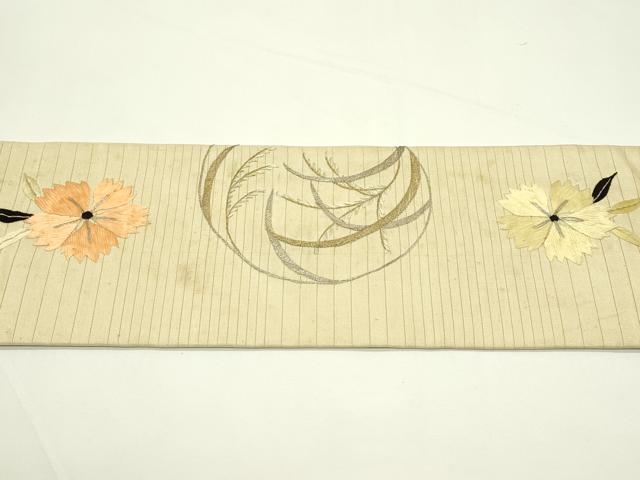 平和屋着物＊夏物　アンティーク　大正ロマン　九寸名古屋帯　総手刺繍　草花丸文　金銀糸　正絹　逸品　CABK7192rv
