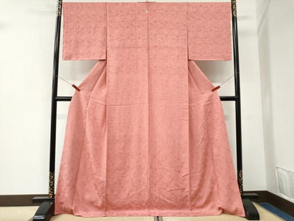 平和屋着物●上質な色無地　舞花地紋　珊瑚色　ロング丈　正絹　逸品　未使用　CABK7201yc