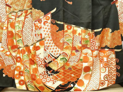 平和屋着物●豪華振袖　駒刺繍　雲取り几帳双鶴花松文　黒地　金彩　正絹　逸品　CABK7220yc