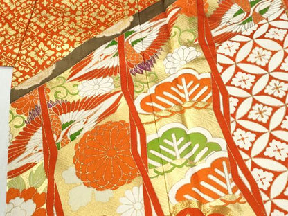 平和屋着物●豪華振袖　駒刺繍　雲取り几帳双鶴花松文　黒地　金彩　正絹　逸品　CABK7220yc