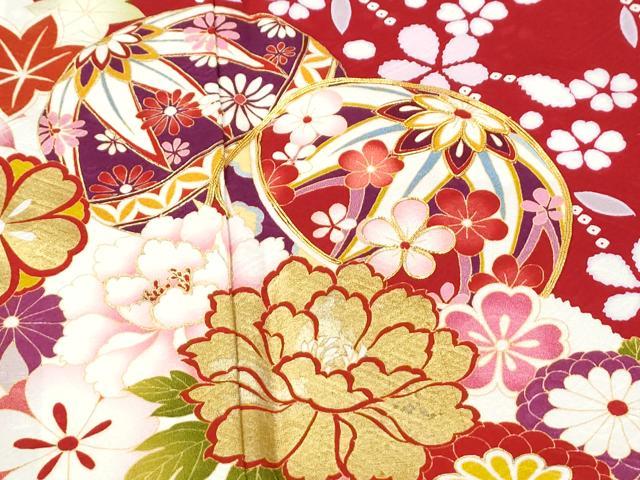 平和屋着物●豪華振袖　駒刺繍　毬牡丹花文　金彩　京都きもの友禅扱い　正絹　逸品　CABK7223yc