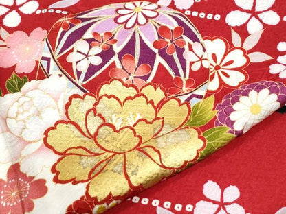 平和屋着物●豪華振袖　駒刺繍　毬牡丹花文　金彩　京都きもの友禅扱い　正絹　逸品　CABK7223yc