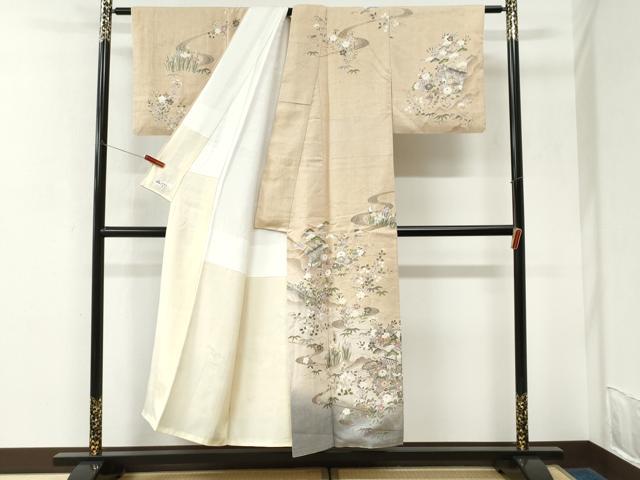 平和屋着物●訪問着　紬地　作家物　風景草花文　やまと誂製　正絹　逸品　CABK7229yc