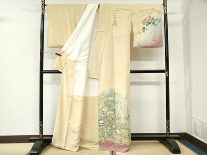 平和屋着物●訪問着　友禅　作家物　休み鳥松葉枝花文　暈し染め　正絹　逸品　CABK7237yc
