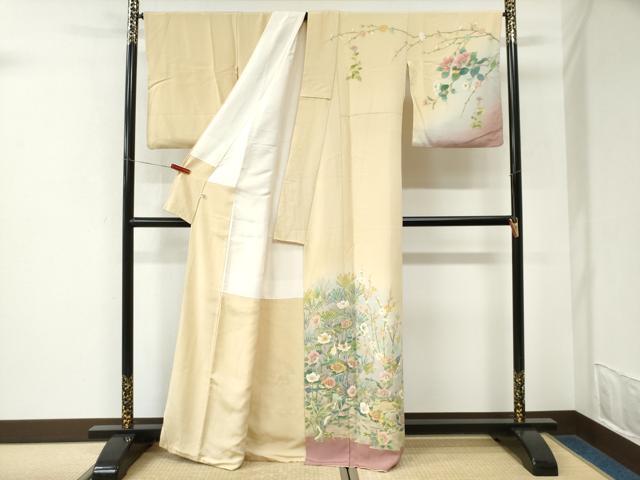 平和屋着物●訪問着　友禅　作家物　休み鳥松葉枝花文　暈し染め　正絹　逸品　CABK7237yc