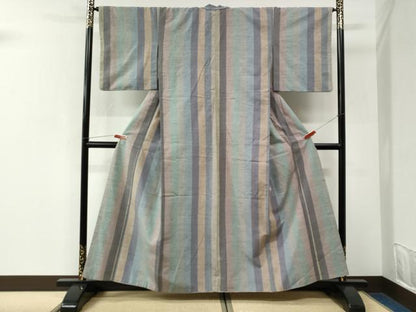 平和屋着物●ぜんまい紬　縞　正絹　逸品　CABK7239yc