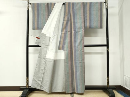 平和屋着物●ぜんまい紬　縞　正絹　逸品　CABK7239yc