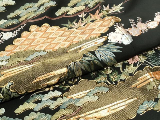 平和屋着物●京繍作家　合田峰太郎　黒留袖　総刺繍　駒刺繍　雲取り吉祥松竹梅花文　金糸　正絹　逸品　CABK7241yc