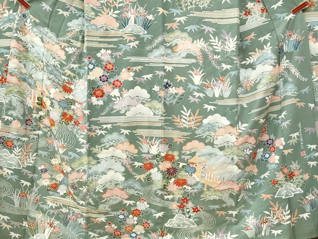 平和屋着物●豪華振袖　駒刺繍　浜松風景草花文　金彩　正絹　逸品　CABK7249yc