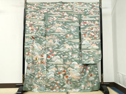 平和屋着物●豪華振袖　駒刺繍　浜松風景草花文　金彩　正絹　逸品　CABK7249yc