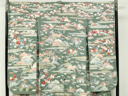 平和屋着物●豪華振袖　駒刺繍　浜松風景草花文　金彩　正絹　逸品　CABK7249yc