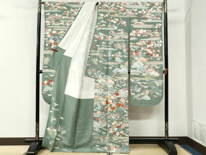 平和屋着物●豪華振袖　駒刺繍　浜松風景草花文　金彩　正絹　逸品　CABK7249yc