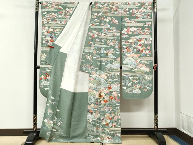 平和屋着物●豪華振袖　駒刺繍　浜松風景草花文　金彩　正絹　逸品　CABK7249yc
