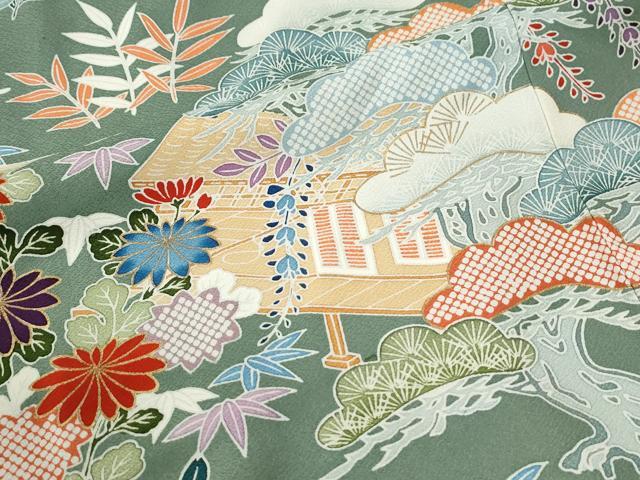 平和屋着物●豪華振袖　駒刺繍　浜松風景草花文　金彩　正絹　逸品　CABK7249yc