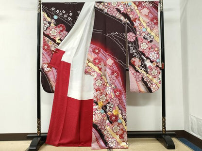 平和屋着物●豪華振袖　駒刺繍　舞桜文　暈し染め　銀通し地　正絹　逸品　CABK7254yc