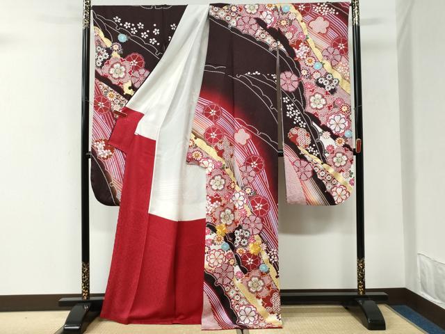 平和屋着物●豪華振袖　駒刺繍　舞桜文　暈し染め　銀通し地　正絹　逸品　CABK7254yc