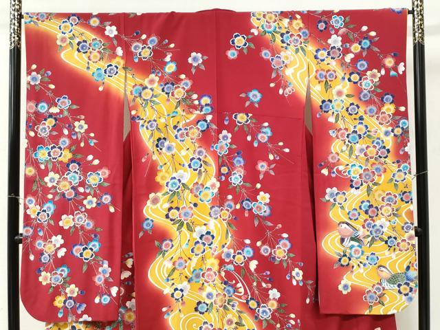 平和屋着物●豪華振袖　作家物　駒刺繍　流水鴛鴦枝桜文　暈し染め　金彩　鈴乃屋扱い　正絹　逸品　CABK7269yc