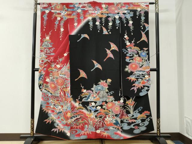 平和屋着物●豪華振袖　紅型　飛鶴流水松竹梅花文　暈し染め　黒地　正絹　逸品　CABK7273yc