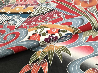 平和屋着物●豪華振袖　紅型　飛鶴流水松竹梅花文　暈し染め　黒地　正絹　逸品　CABK7273yc