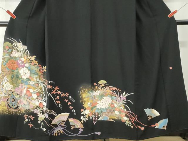 平和屋着物●豪華黒留袖　作家物　駒刺繍　扇面牡丹花車文　金彩　正絹　逸品　CABK7276yc