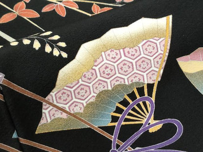 平和屋着物●豪華黒留袖　作家物　駒刺繍　扇面牡丹花車文　金彩　正絹　逸品　CABK7276yc