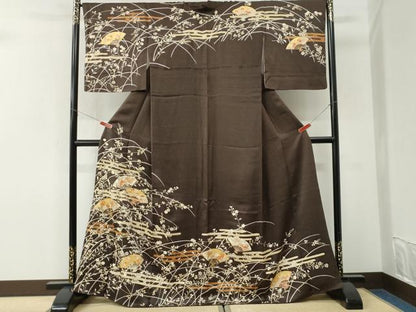 平和屋着物●訪問着　駒刺繍　扇面エ霞草花文　金彩　正絹　逸品　CABK7281yc