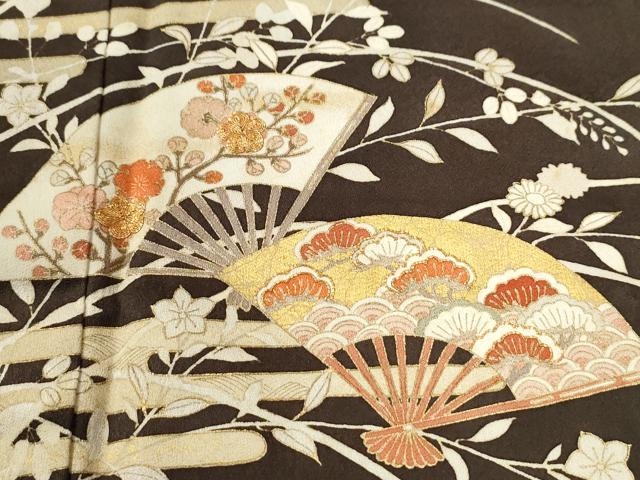 平和屋着物●訪問着　駒刺繍　扇面エ霞草花文　金彩　正絹　逸品　CABK7281yc